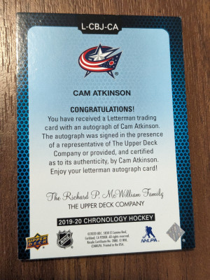 Cam Atkinson Letterman auto T 2019-20 chronology back