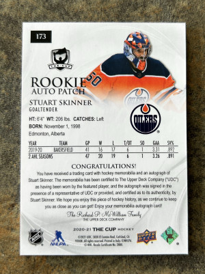 2020-21 UD The Cup Rookie Patch Auto 245/249 #173 Stuart Skinner back