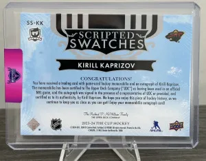 2023-24 UD The Cup Kirill Kaprizov Scripted Swatches Patch Auto /35 back