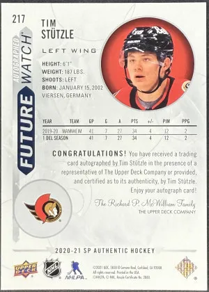 2020-21 SP Authentic Tim Stutzle Future Watch Auto /999 back