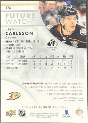 2023-24 SP Authentic Leo Carlsson Future Watch Auto /999 back