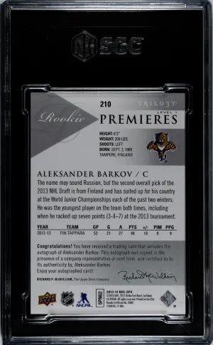 2013 Upper Deck Trilogy Aleksander Barkov #210 Rookie Premieres Autograph SGC 9 Auto 10 back
