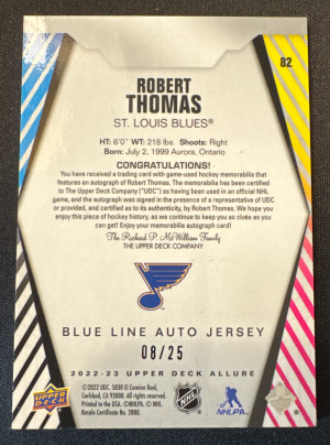 2022 Allure Robert Thomas Blue Line Auto Jersey /25 back