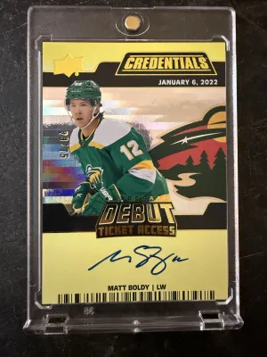 2022-23 UD Credentials Matt Boldy Debut Ticket Access Auto /75 front