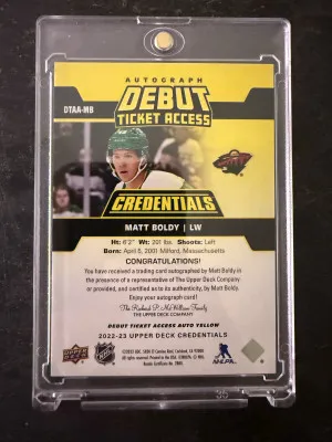 2022-23 UD Credentials Matt Boldy Debut Ticket Access Auto /75 back