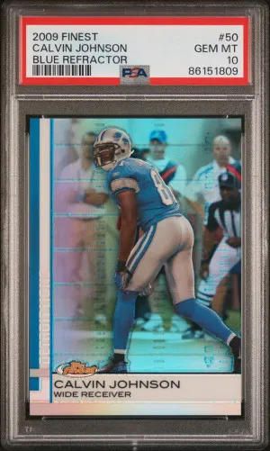 2009 Finest Calvin Johnson Blue Refractor PSA 10 front