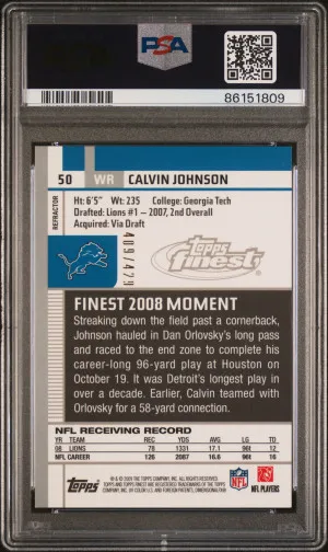 2009 Finest Calvin Johnson Blue Refractor PSA 10 back