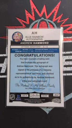 2015-16 O-Pee-Chee Platinum Blue Rainbow Autographs #AH Andrew Hammond G back