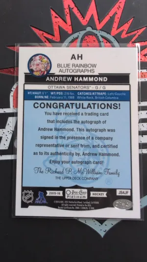 2015-16 O-Pee-Chee Platinum Blue Rainbow Autographs #AH Andrew Hammond G back