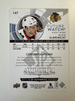 2018 2017-18 Upper Deck SP Authentic Future Watch Alex DeBrincat Rookie 100/999 back