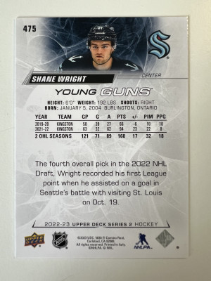 2023 2022-23 Upper Deck Series 2 Young Guns Shane Wright Rookie back