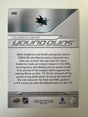 2025 2024-25 Upper Deck Series 2 Young Guns Macklin Celebrini Will Smith Rookie back