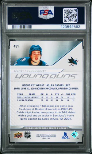 Macklin Celebrini 2024 Upper Deck Young Guns Rookie #451 PSA 9 back