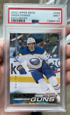 2022-23 Upper Deck Series One YG Exclusives 012/100 #228 Owen Power PSA 9 front