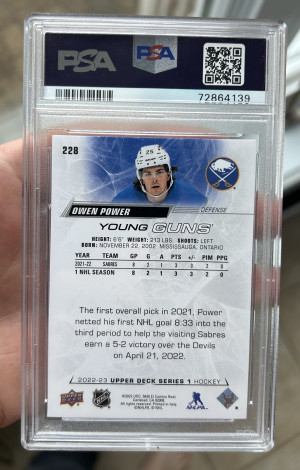 2022-23 Upper Deck Series One YG Exclusives 012/100 #228 Owen Power PSA 9 back