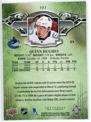 2020-21 Artifacts Quinn Hughes /499 back