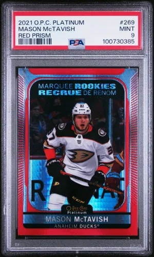 2021-22 O-Pee-Chee OPC Platinum MASON MCTAVISH Rookie Card RC RED PRISM #/199 - PSA 9 MINT - Anaheim Ducks #269 front
