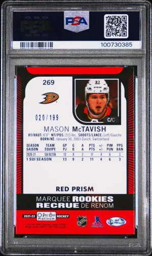 2021-22 O-Pee-Chee OPC Platinum MASON MCTAVISH Rookie Card RC RED PRISM #/199 - PSA 9 MINT - Anaheim Ducks #269 back