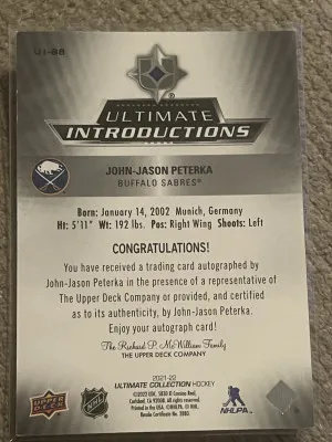2021-22 Upper Deck Ultimate Rookie Black Introduction Auto /10 JJ Peterka back