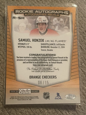 2024-25 O-Pee-Chee Platinum Orange Checkers /25 Auto Samuel Honzek #R-SH Rookie RC back