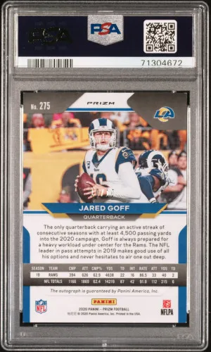 2020 Panini Prizm Jared Goff #275 Autograph Blue PSA 8 back