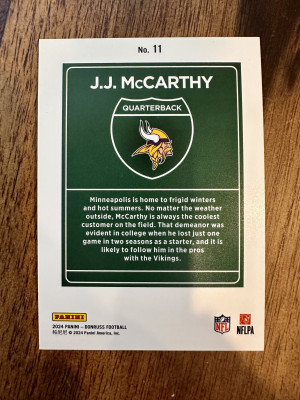 2024 Donruss JJ McCarthy #11 Downtown! - See Photos - Regular Size! back