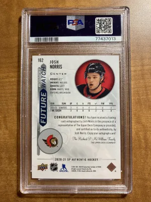 Josh Norris 2020-21 SP Authentic Future Watch Auto /999 PSA 9 Senators back