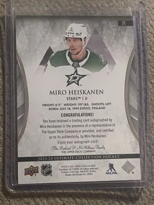2023-24 Ultimate Collection Auto #71 Miro Heiskanen Dallas Stars back