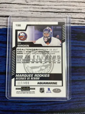 O-Pee-Chee Platinum Marquee Rookies Aquamarine Ilya Sorokin #196 117/499 back