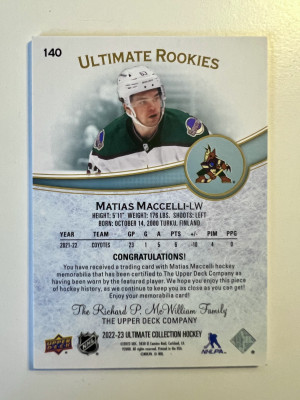 2022-23 Upper Deck Ultimate Collection Matias Maccelli Rookie /799 Jersey Patch back