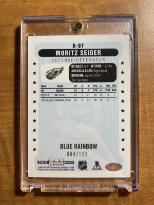 Moritz Seider 2021-22 O-Pee-Chee Platinum OPCP Blue Rainbow Retro Rookie /199 Red Wings back