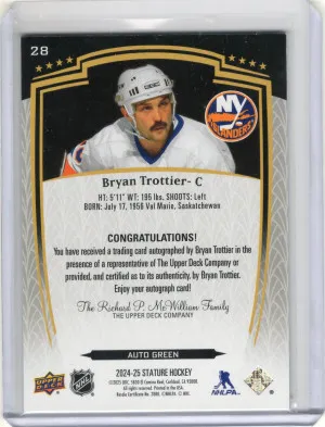 Bryan Trottier 2024-25 Upper Deck Stature Green On-Card Auto Card #057/199 back