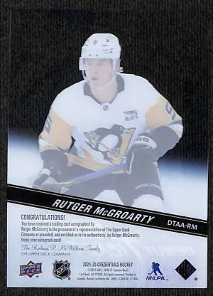 Rutger McGroarty Debut Ticket Access Auto /99 2024-25 Credentials Pittsburgh Penguins RC back