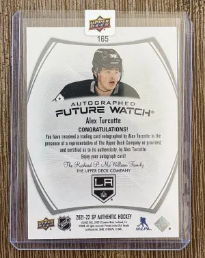 2021-22 UD Sp Authentic Future Watch Auto  792/999 #165 Alex Turcotte back