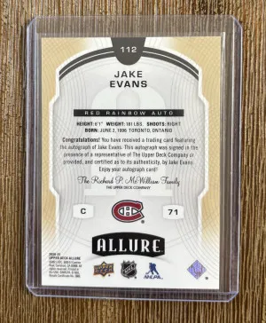 2020-21 UD Allure Rookie Red Rainbow Auto #112 Jake Evans back
