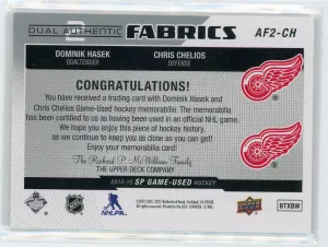 2014-15 SP Game Used #AF2-CH Dominik Hasek Chris Chelios Authentic Fabrics Dual back