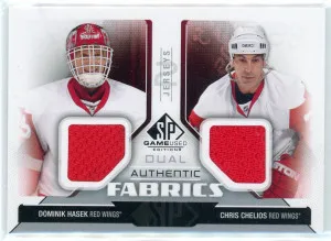 2014-15 SP Game Used #AF2-CH Dominik Hasek Chris Chelios Authentic Fabrics Dual front