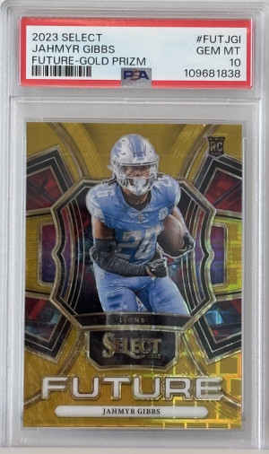 2023 Panini Select Select Future Jahmyr Gibbs Future-Gold Prizm #d/10 PSA 10 front