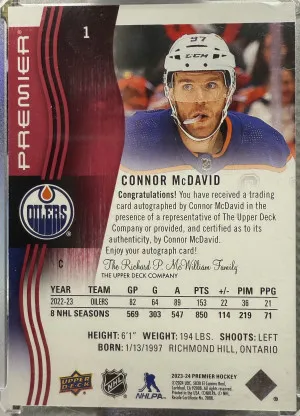 2023-24 Premier Connor McDavid Auto back