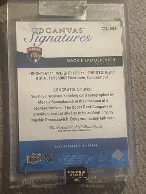 2023-24 UD Clear Cut. Mackie Samoskevich Canvas Rookie Auto back
