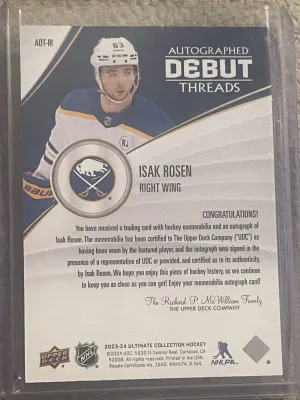 2023-24 UD Ultimate Autographed Debut Threads Isak Rosen RC Patch Auto /99 back