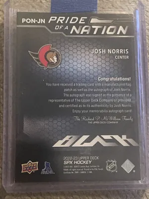 2022-23 SPx UD Black Pride Of A Nation Patch /99 Josh Norris #PON-JN Patch Auto back