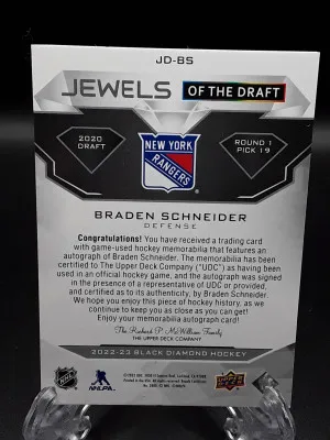 2022-23 UD Black Diamond Braden Schneider Jewels of the Draft /99 Rangers #JD-BS back