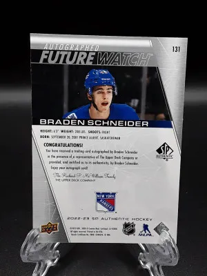 22-23 SP Authentic Future Watch Auto Braden Schneider Rookie RC /999 back