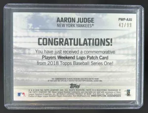 2018 Topps Aaron Judge Players Weekend Patch Blue 42/99 #PWP-AJU Yankees back