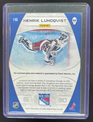 2011-12 Panini Certified Henrik Lundqvist Masked Marvels Materials 27/99 #15 MEM Rangers back