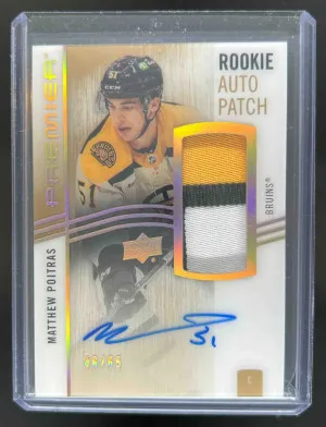 2023-24 Upper Deck Premier Matthew Poitras Acetate Rookie Auto Patch Gold 46/65 #AR-MP MEM RC Bruins front