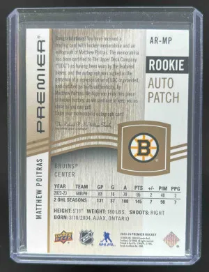 2023-24 Upper Deck Premier Matthew Poitras Acetate Rookie Auto Patch Gold 46/65 #AR-MP MEM RC Bruins back