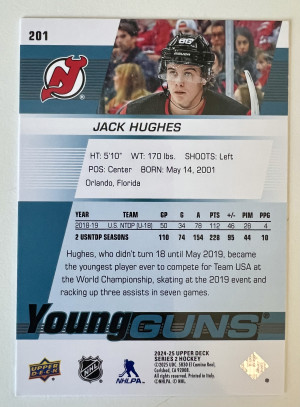 2025 2024-25 Upper Deck Young Guns Jack Hughes Rookie back