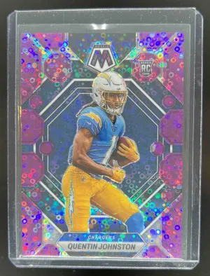 2023 Panini Mosaic Quentin Johnston Purple No Huddle Mosaic Prizm 3/50 #356 RC Chargers front